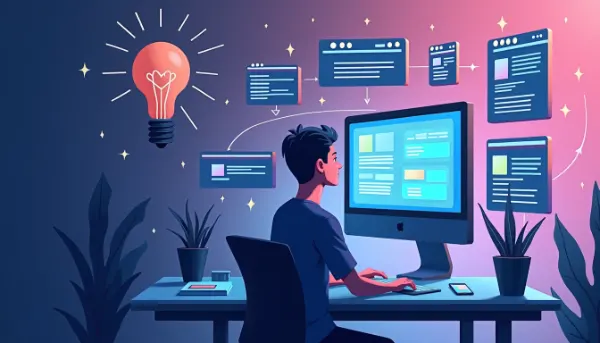 Man sitting at a desk, working on a computer building websites